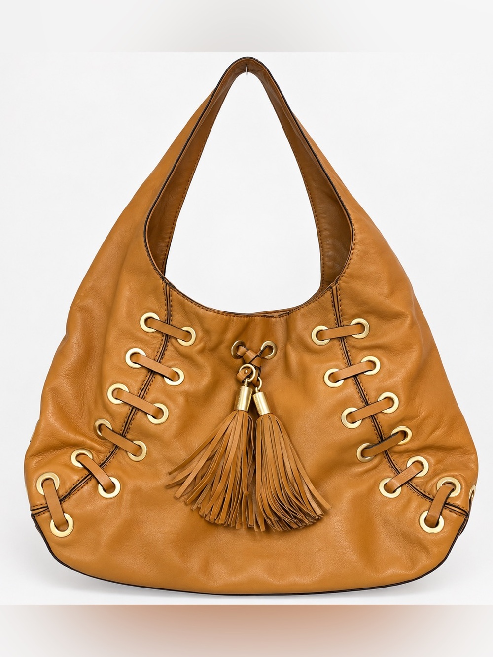 Michael Kors Astor Leather Laced Grommet Tassel Hobo Bag Tan Y2K